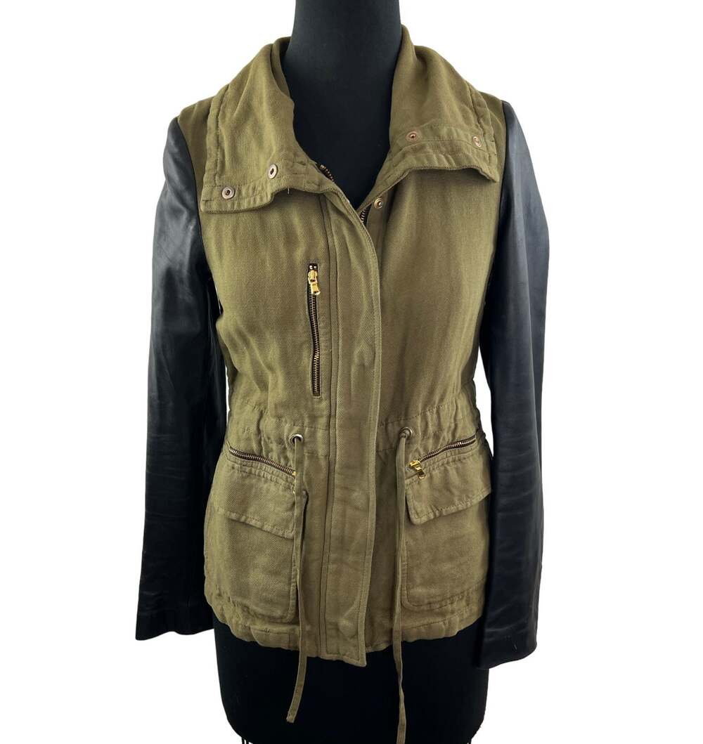 ZARA Woman Green Black Utility Jacket Lamb Leather Full Zip Pockets Tie Size XS